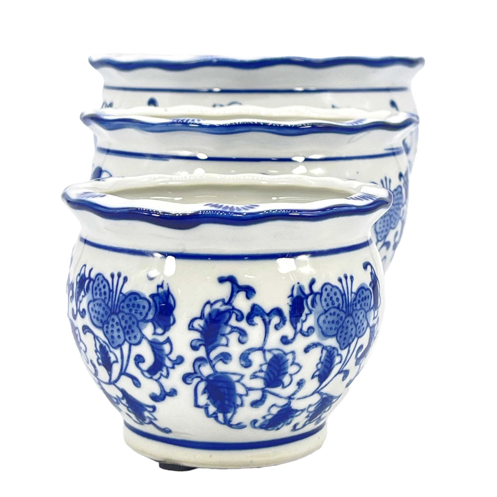 Blue & White Round Floral Ceramic Pots Ruffled Lip