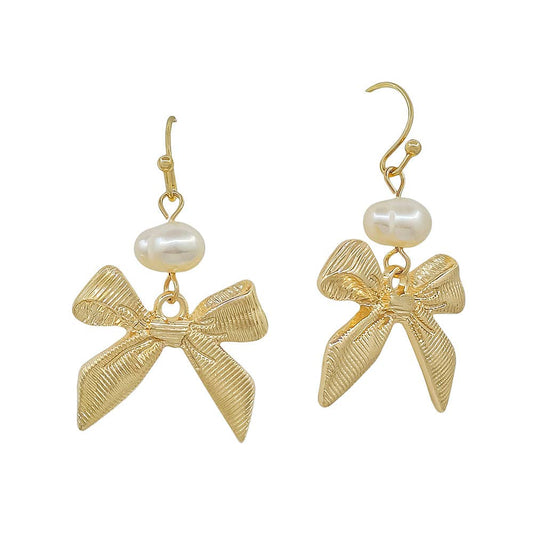 Pearl with Bow Ribbon Drop 1" Earring
