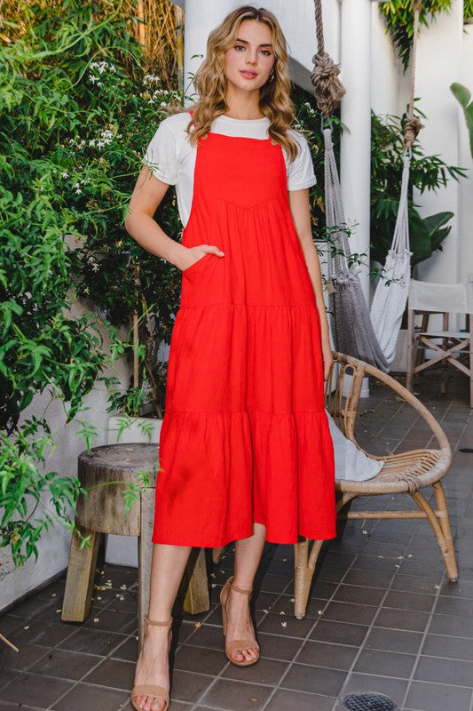 Solid Button Sling Tiered Dress