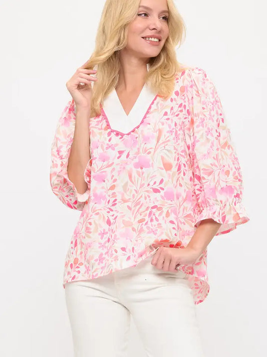 Pink and Coral Floral Blouse Top