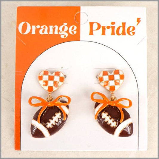 Orange and White Color Coated Heart with Bow & Football Gameday Stud 1.5" Earring