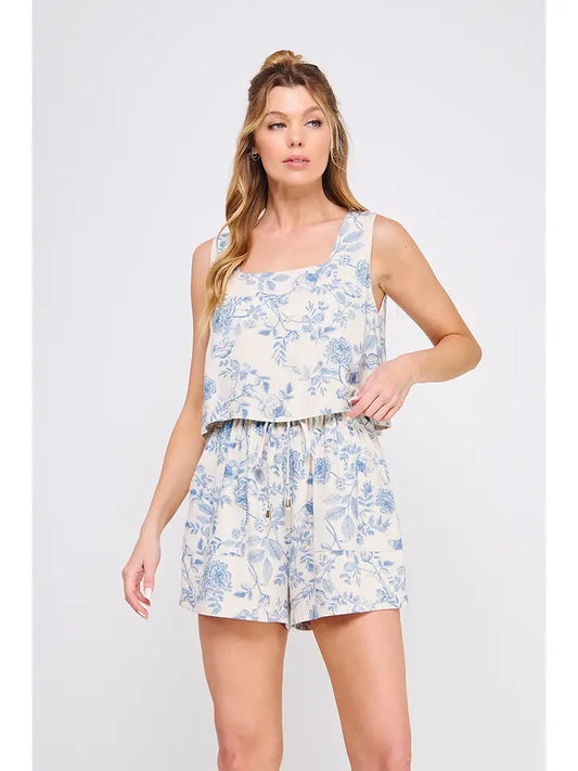 Printed Soft Linen Square Neck Romper