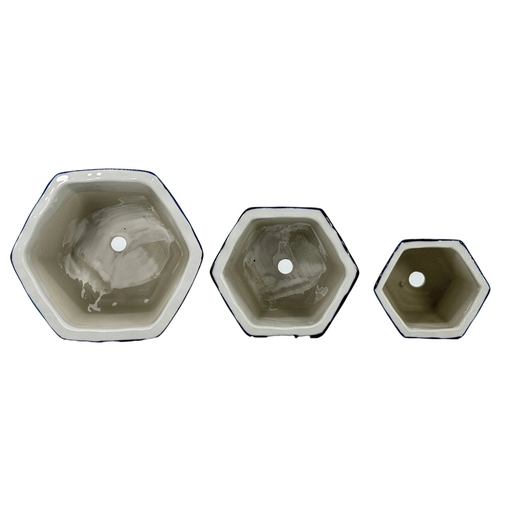 Blue & White Hexagon Floral Ceramic Ruffled Lip