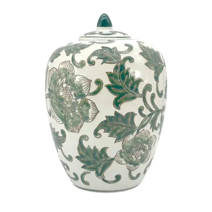 Green & White Floral Ceramic Chinoiserie Ginger Jar