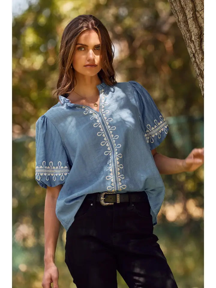 Azure Blue Solid Embroidered Blouse