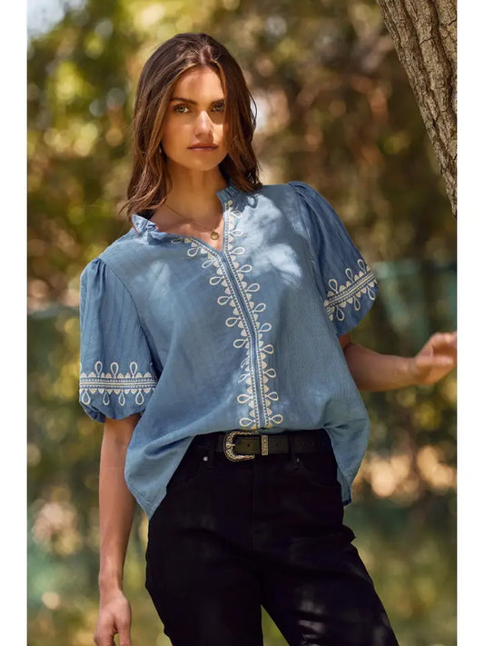 Azure Blue Solid Embroidered Blouse