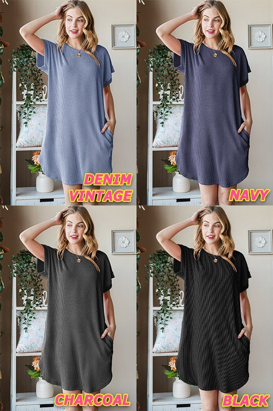 Plus Navy Ribbed Dress with Side Pockets