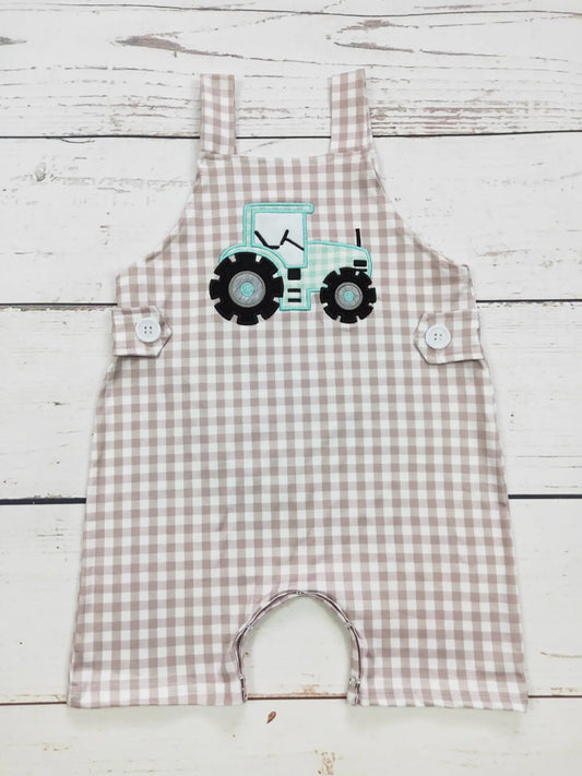 Baby Boy Tractor Applique Checkered Outfit