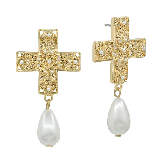 Gold Hammered Cross with Pearl Earring