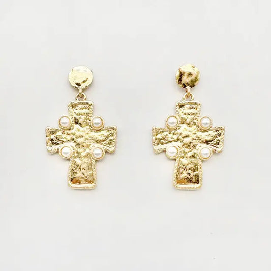 Worn Gold Hammered Cross with Pealr Accents