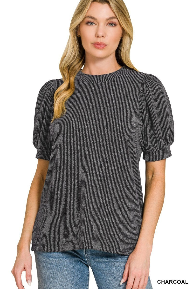 Charcoal Ribbed Puff Sleeve Top