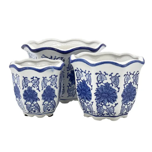 Set of 3 Blue & White Floral Ceramic Pots Ruffled Lip