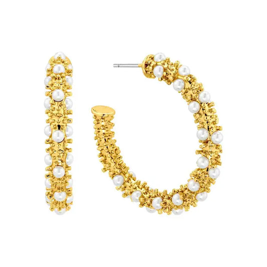 Gold Textured Earring with Pearl Studs 1.25" Hoop Earrings