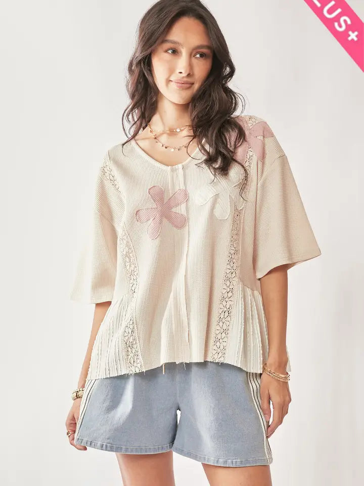 Plus Floral Patch Lace Ruffle Top