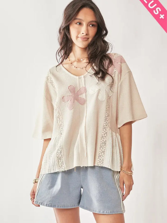 Plus Floral Patch Lace Ruffle Top