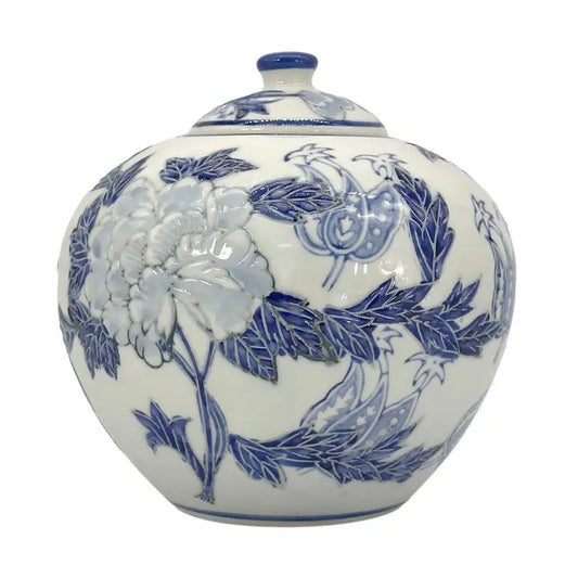 Blue & White Floral Ceramic Chinoiserie Ginger Jar