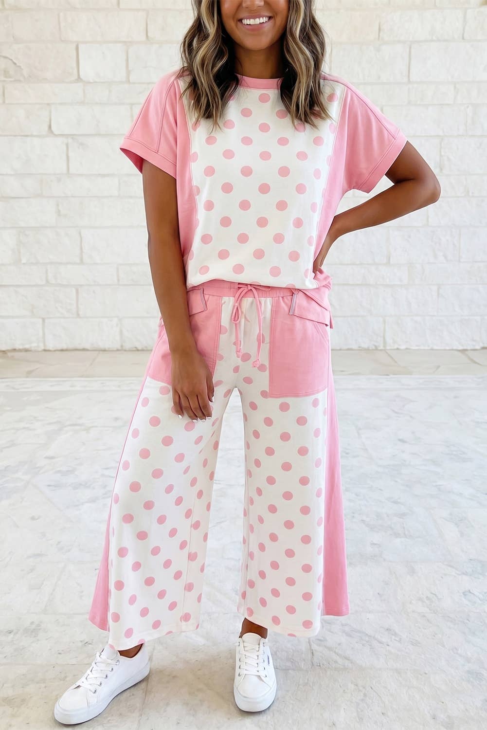 Colorblock Polka Dot Top Pocket Wide Leg Pant Set