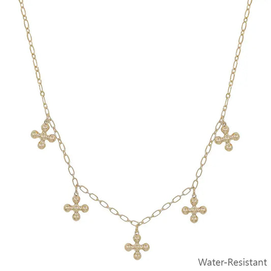 Water Resistant Gold Beaded Cross Charm Necklace