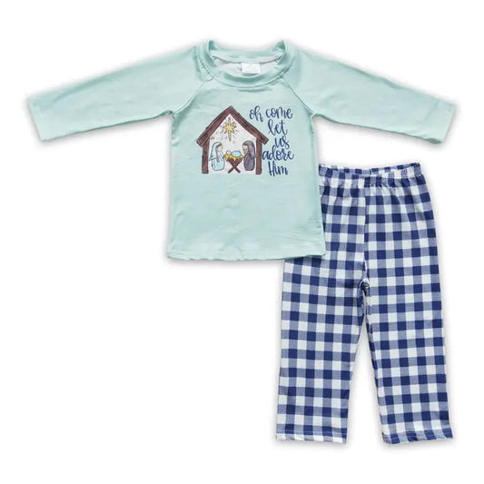 Blue Plaid Nativity Boy Christmas Outfit