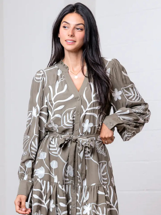 Taupe Ruffle Floral Print Dress