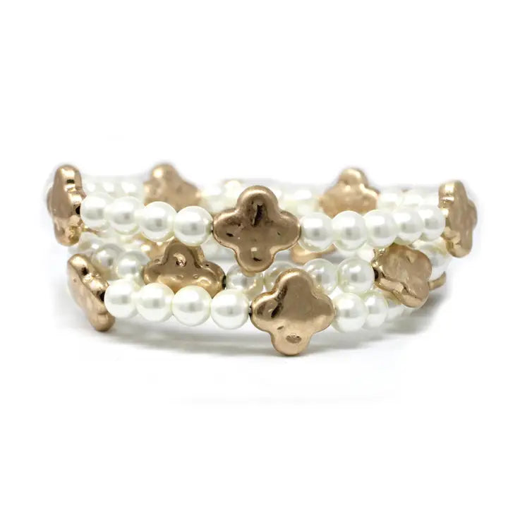 Three Row Pearl with Hammered Gold Clover Bracelets