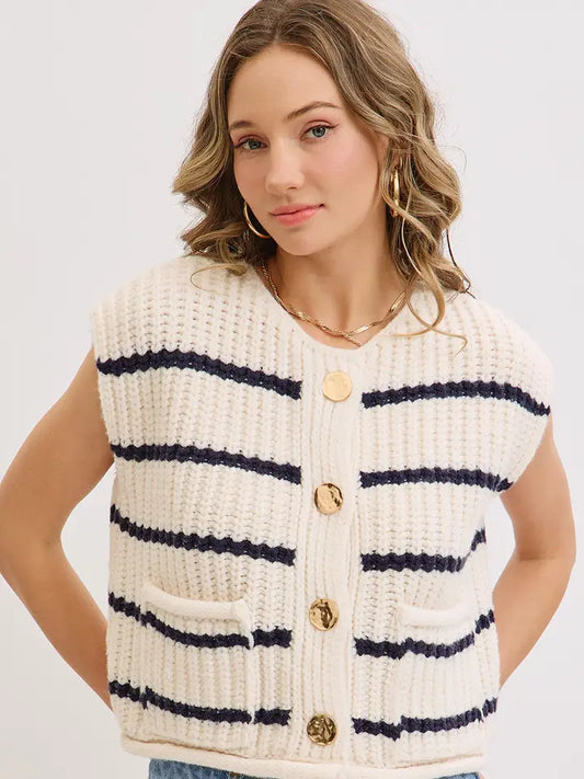 Navy and Cream Button Sweater
