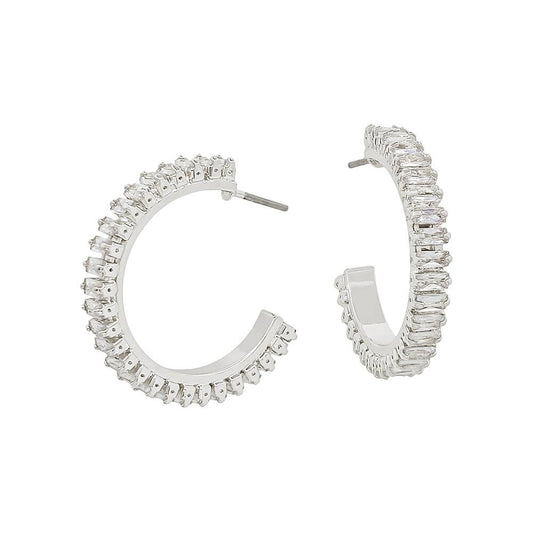 Silver Hoop with Rectangle Baguette Stone 1" Earring