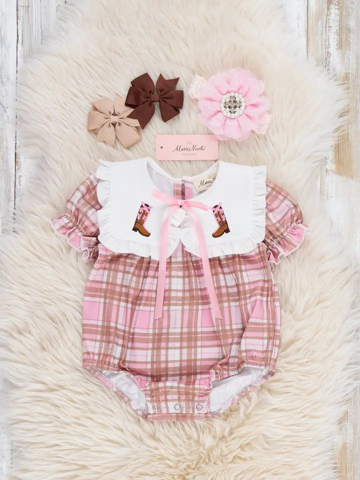Cowgirl Cutie Boots Embroidered Plaid Romper