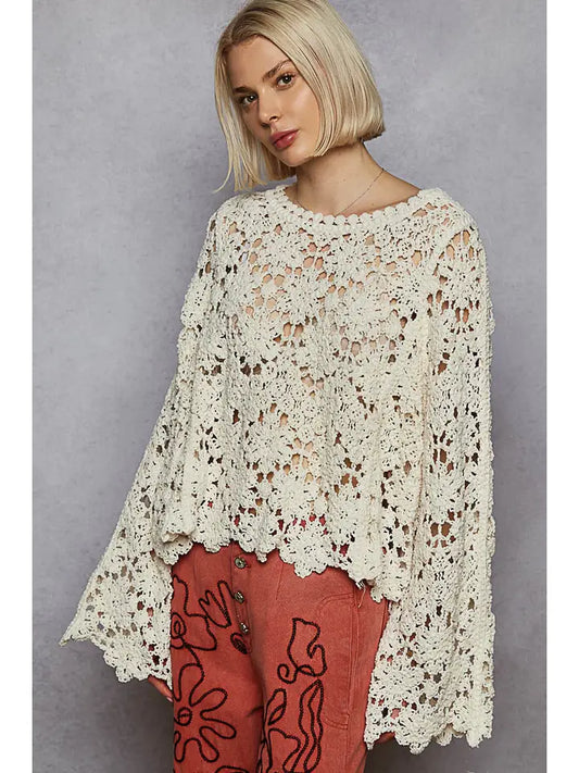 Cream Flare Sleeve Scalloped Edge Sweater
