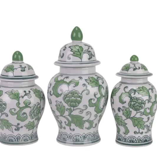 Set of 3 Green & White Floral Food Safe Storage Jars