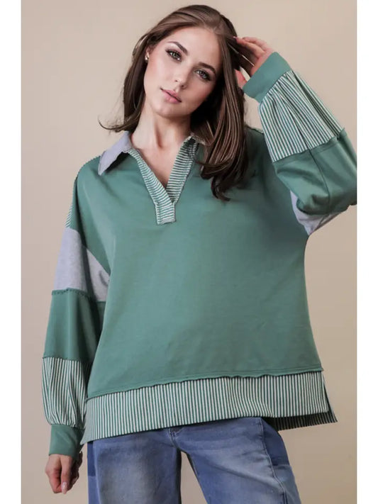 Sage Colorblock Solid & Stripe Top