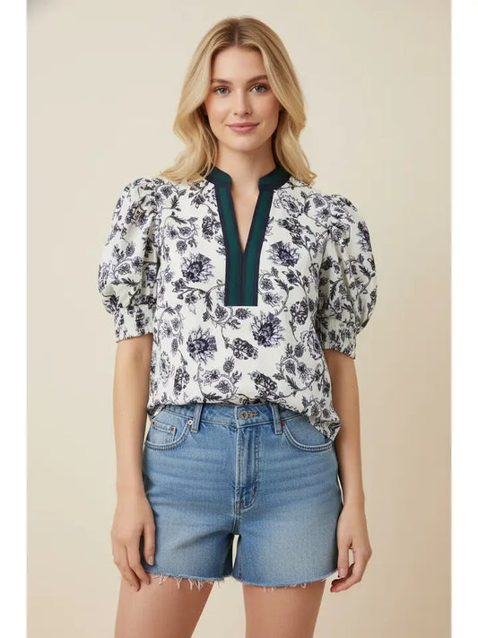 Floral Print Puff Sleeve Print Blouse