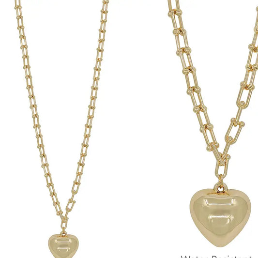Water Resistant Gold 34" Chain with Puffy Heart