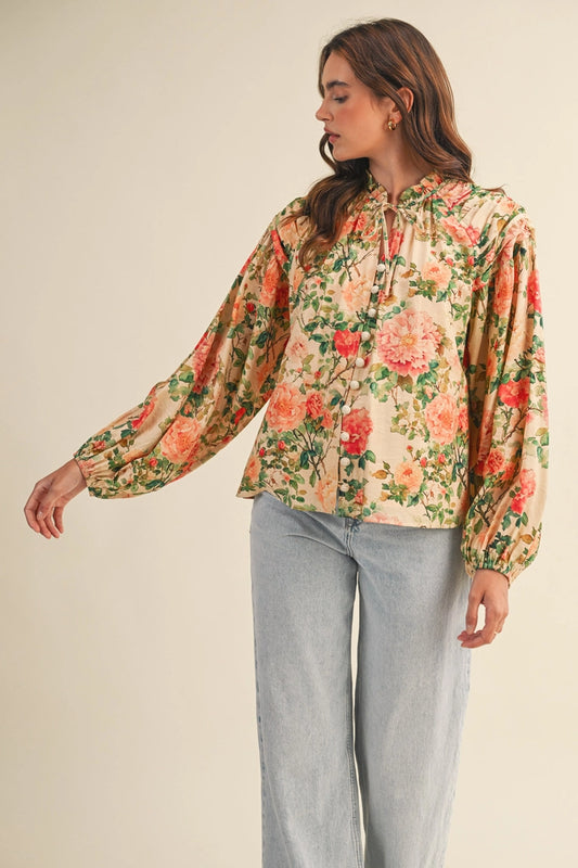 Floral Ruched Button Down Blouse