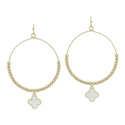 Gold Beaded Hoop with White Clover Earring