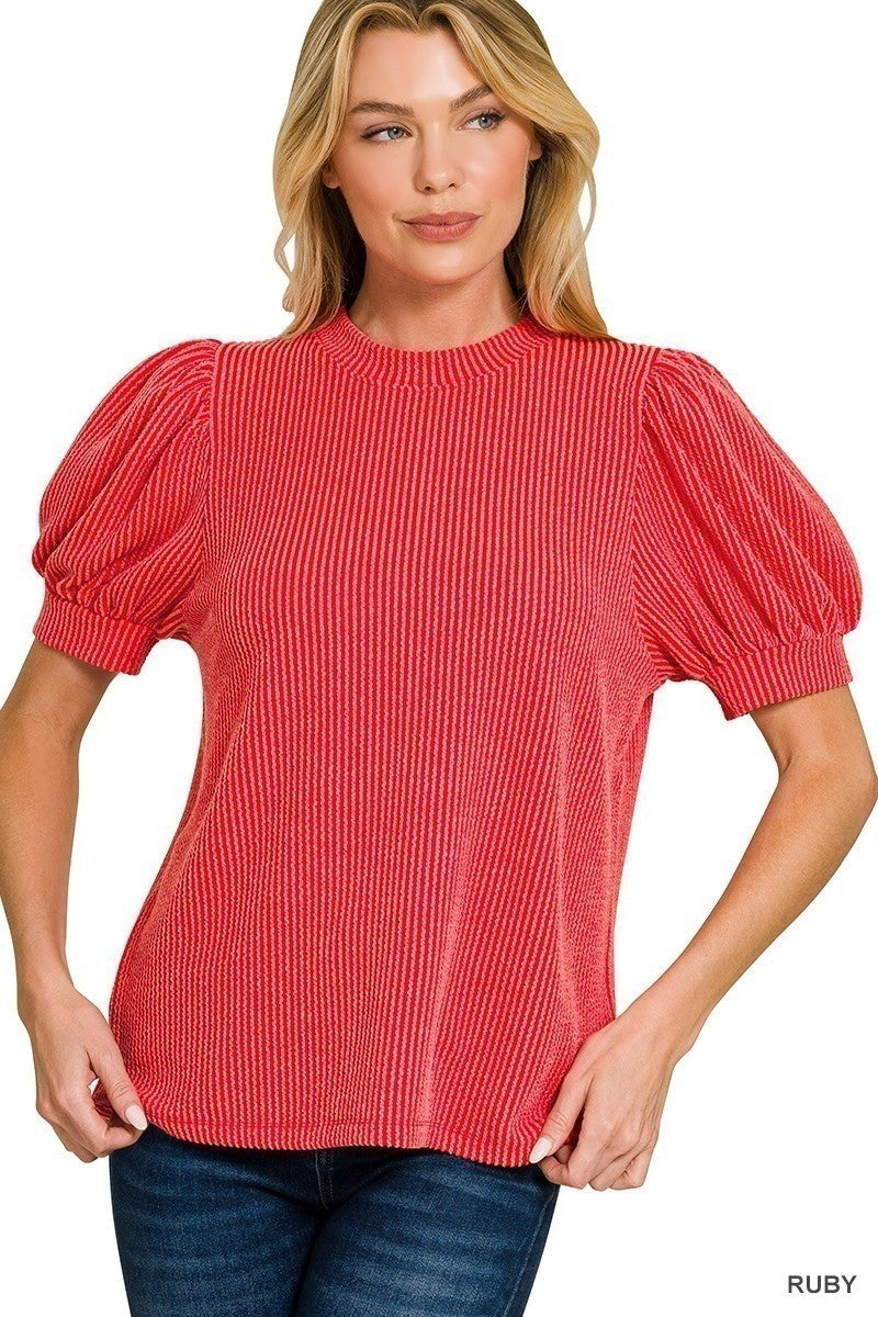 Ruby Ribbed Puff Sleeve Top