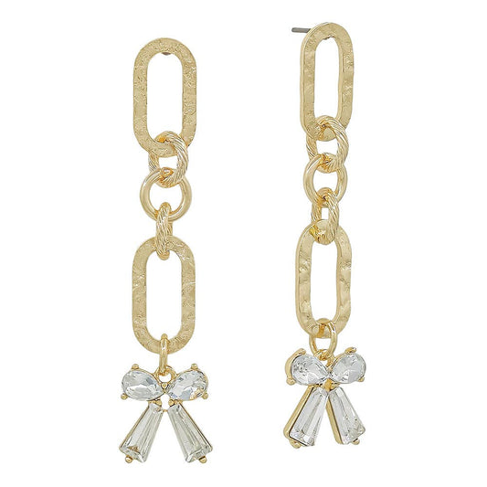 Gold Hammered Open Oval with Rhinestone Bow 2" Drop Earring