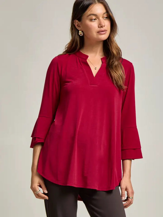 Solid Jewel Red Ruffle Sleeve Top