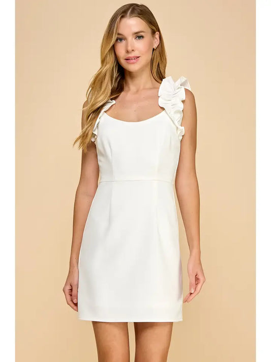 White Scoop Neckline Ruffle Sleeve Dress