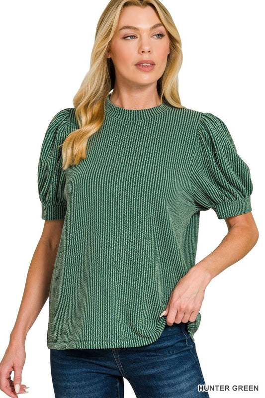 Hunter Green Ribbed Puff Sleeve Top