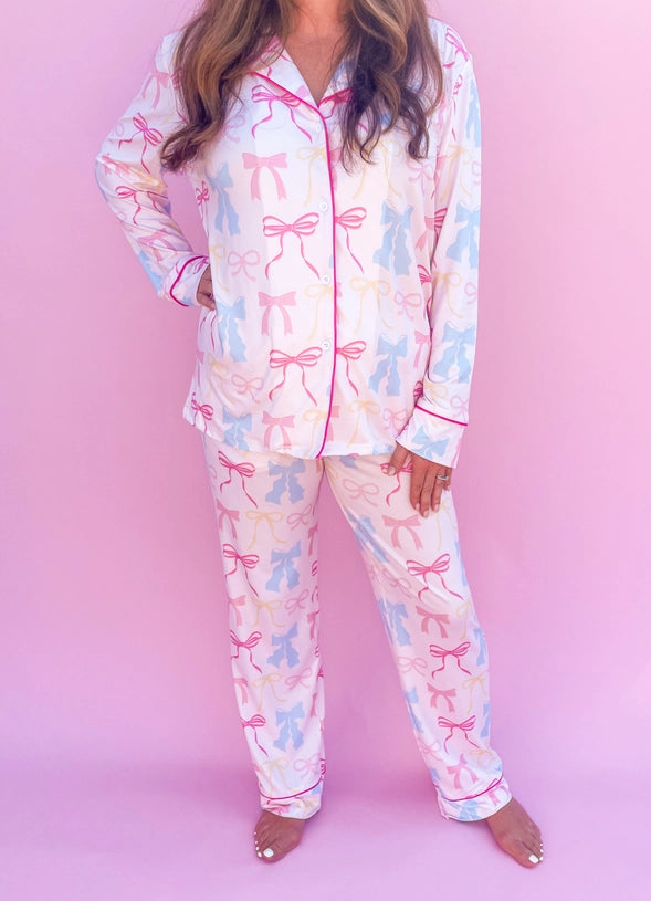 Pink Pastel Bows Long Sleeve Pajama Set