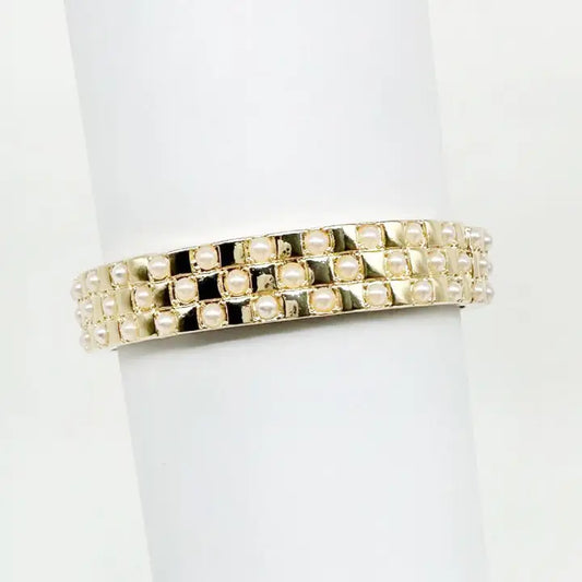 Gold and Pearl Squared Pattern Stretch Bracelet