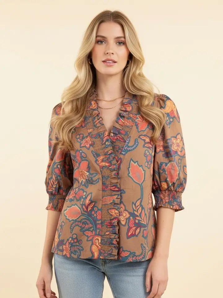 Ruffled Paisley V-Neck Smocked Blouse