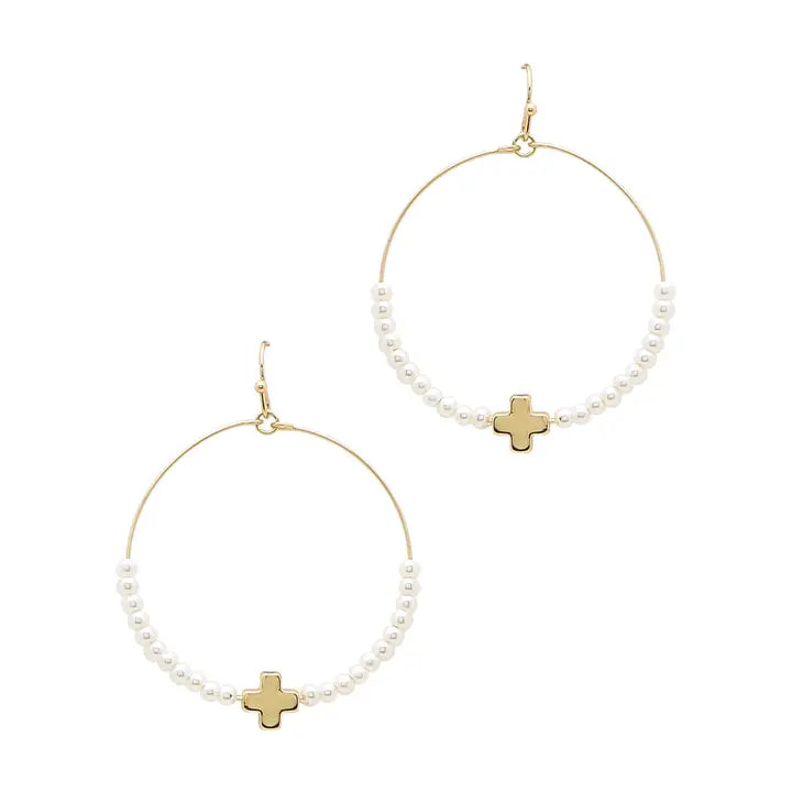 Gold Open Hoop with Squared Cross and Pearl Beads