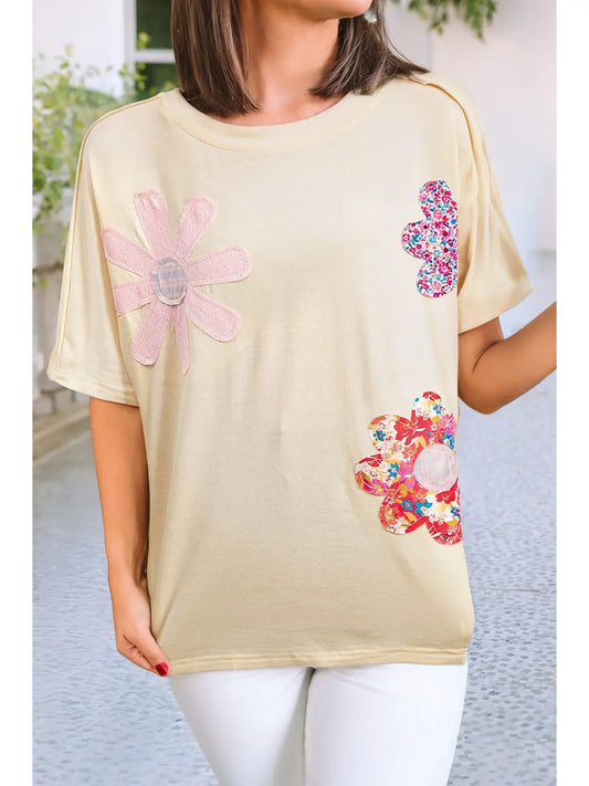 Cream Flower Patched Top
