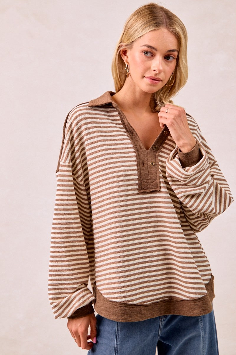 Mocha Striped Collared Top