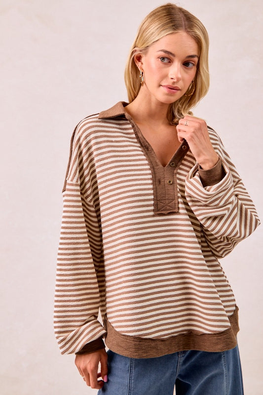 Mocha Striped Collared Top