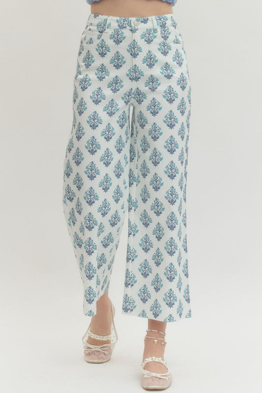 Blue and White Floral Print Pants