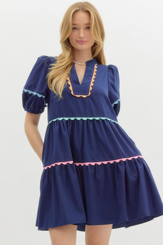 Navy Lantern Sleeve Dress