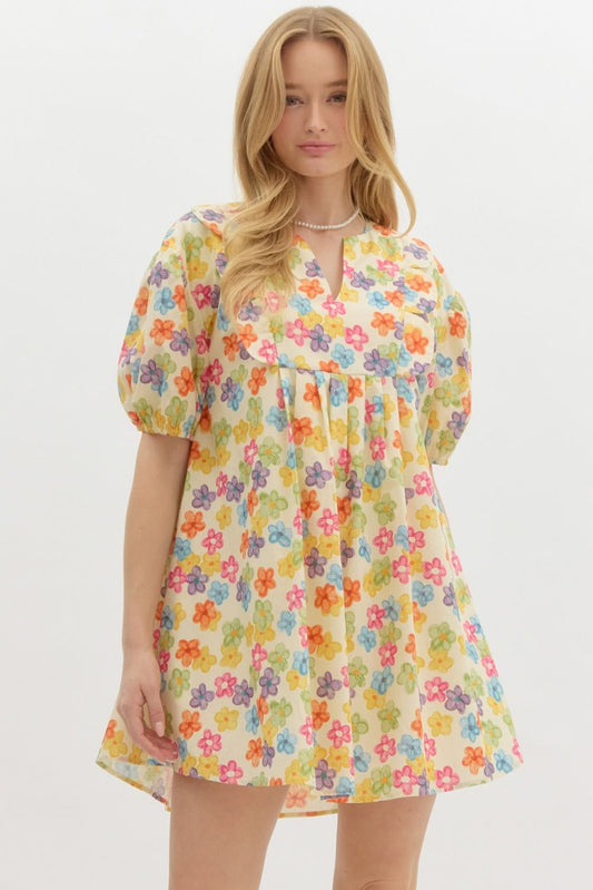 Cream Multi-Color Floral Print Dress